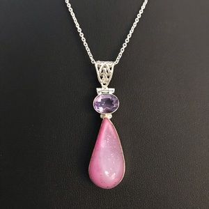 Pink druzy and amethyst sterling necklace